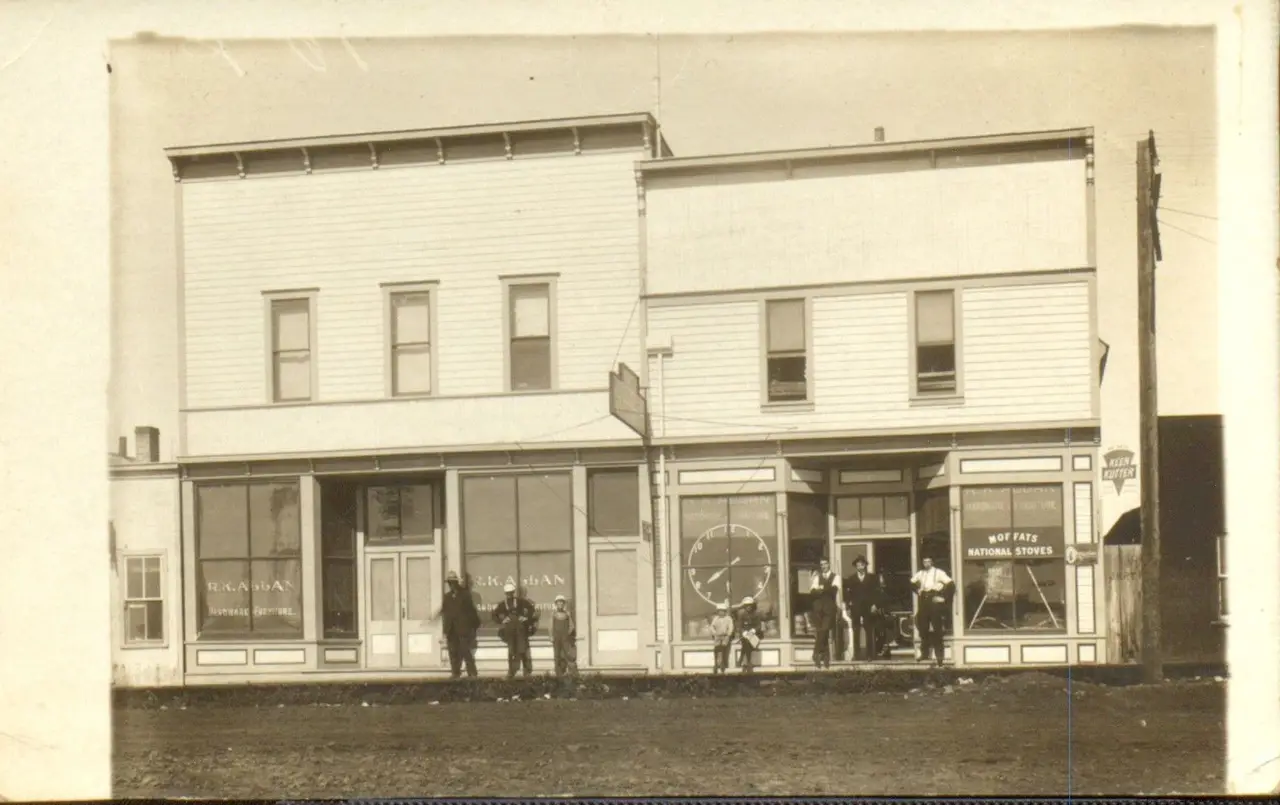 Hardware and furniture store on main street, about 1915